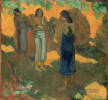  gelb Kunst - Drei Tahitian Frauen gegen einen gelben Hintergrund Beitrag Impressionismus Primitivismus Paul Gauguin